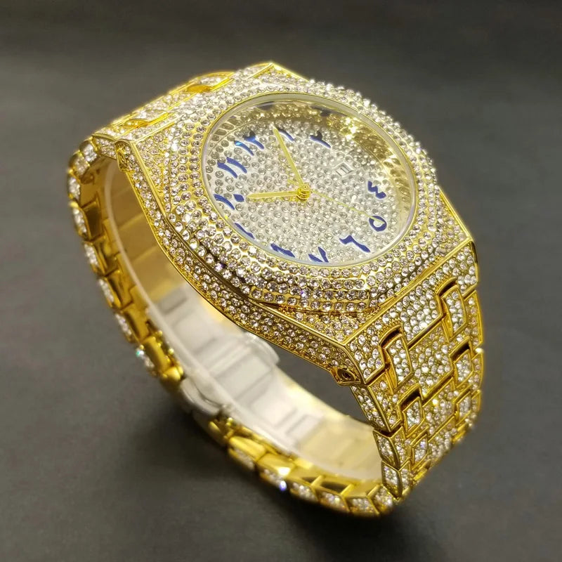 MISSFOX Luxury Diamond Iced Out Men's Quartz Watch, Arabic Numerals Waterproof