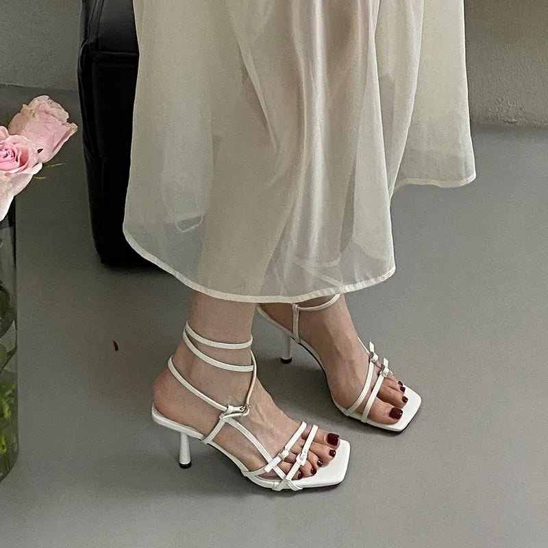 Women's Thin Heel Sandals – Ankle Buckle, Square Toe, Shallow Pumps, Fashion High Heels Footwear