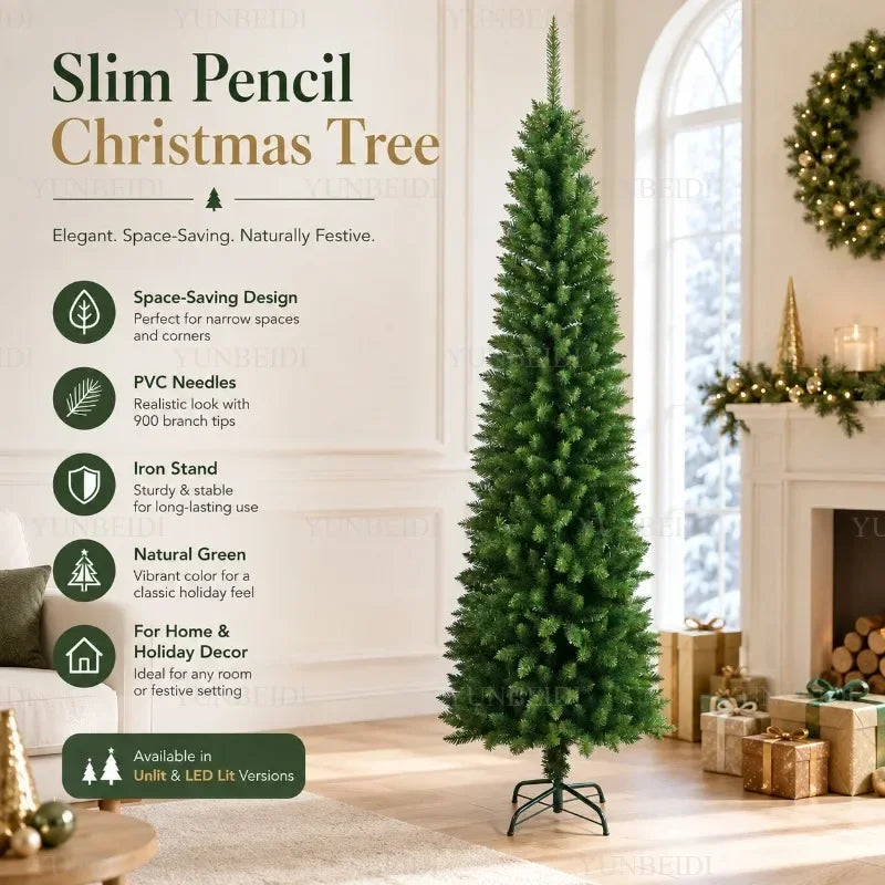 Slim Pencil Artificial Christmas Tree with Metal Stand, 120–210 cm Green PVC Tree with Optional Warm White USB Lights