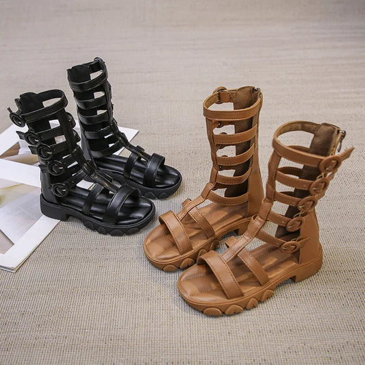 Girls' High-Top Roman Sandals – Soft Sole Summer Shoes for Children | Cut-Out Design, Buckle & Zipper | Princess Beach Sandals