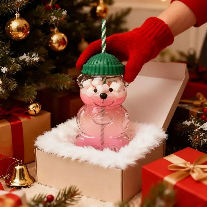 500ml Cute Bear Shaped Cup with Straw – Transparent Cartoon Coffee, Milk & Water Tumbler