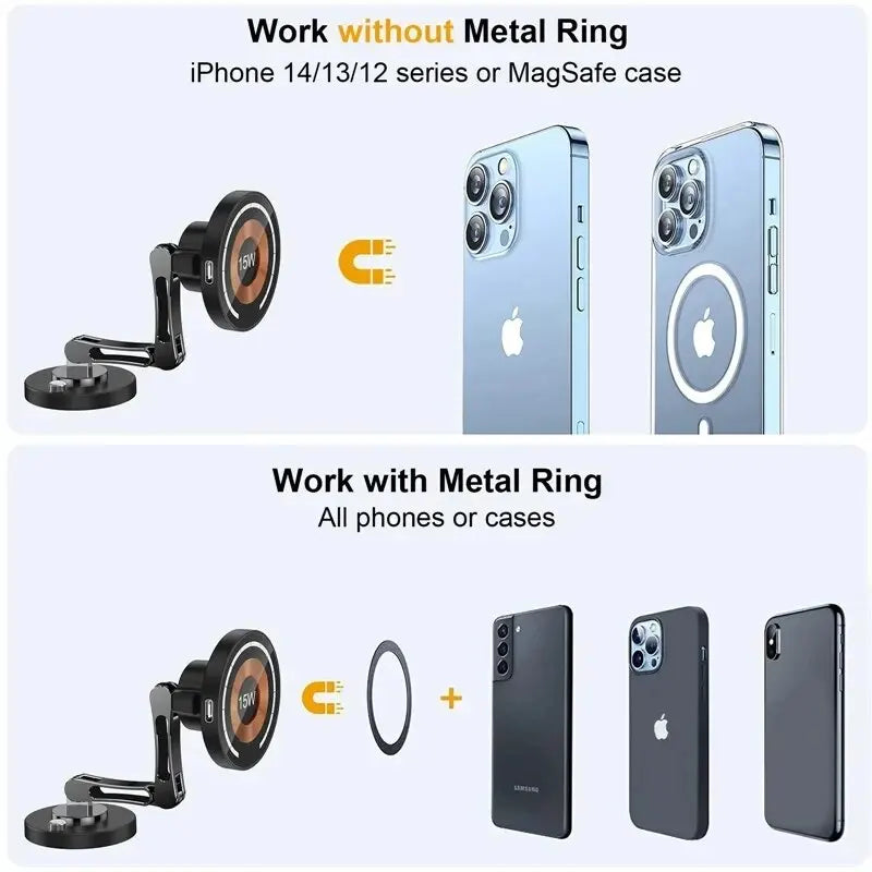 15W Magnetic Wireless Car Charger Mount – Strong MagSafe Phone Holder with 360° Rotation & Fast Charging for iPhone 15/14/13/12