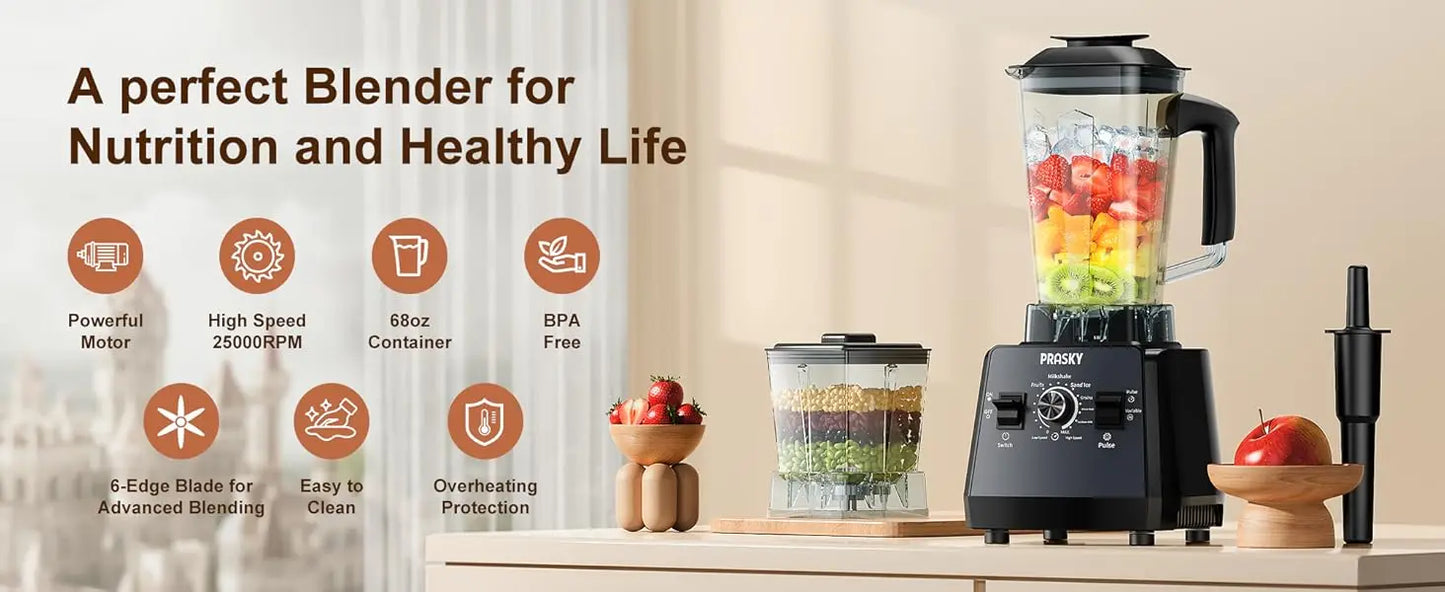 PRASKY 2400W Professional Blender & Grinder Combo – 25,000 RPM High-Speed Kitchen Blender, 68oz BPA-Free Pitcher, 2 Containers, Ice Crusher for Smoothies, Shakes & Frozen Drinks