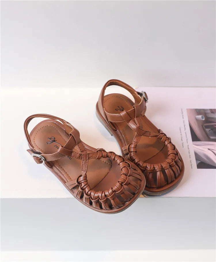 2025 New Summer Children Sandals Leather Cut-out Kids Sandals Soft Sole Non-slip Beach Shoes Fashion Girls Sandals 26-37