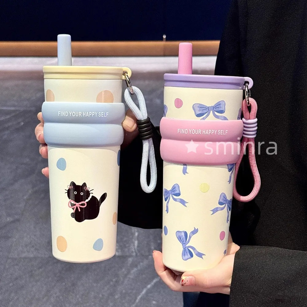 Cute Cat Bow Insulated Water Bottle with Straw – 710ml Stainless Steel Thermal Tumbler with Ceramic Lining, Travel Mug for Tea, Coffee & Cold Drinks