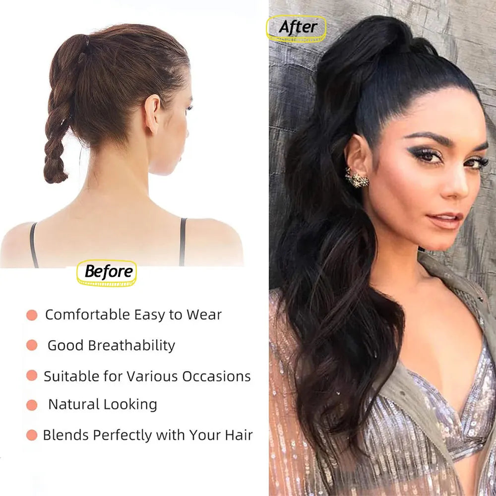 28-Inch Synthetic Drawstring Ponytail – Ombre Brown & Piano Blonde Body Wave, 180g Heat-Resistant Hair Extension