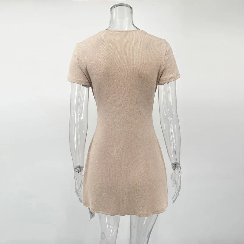 Knitted V-Neck Mini Dress – Short Sleeve Button Front Casual Summer Dress