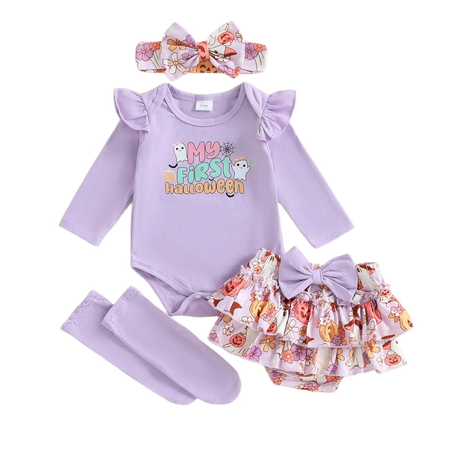 Baby Girls Halloween Outfit – Long Sleeve Romper, Ruffle Shorts, Headband & Socks Set