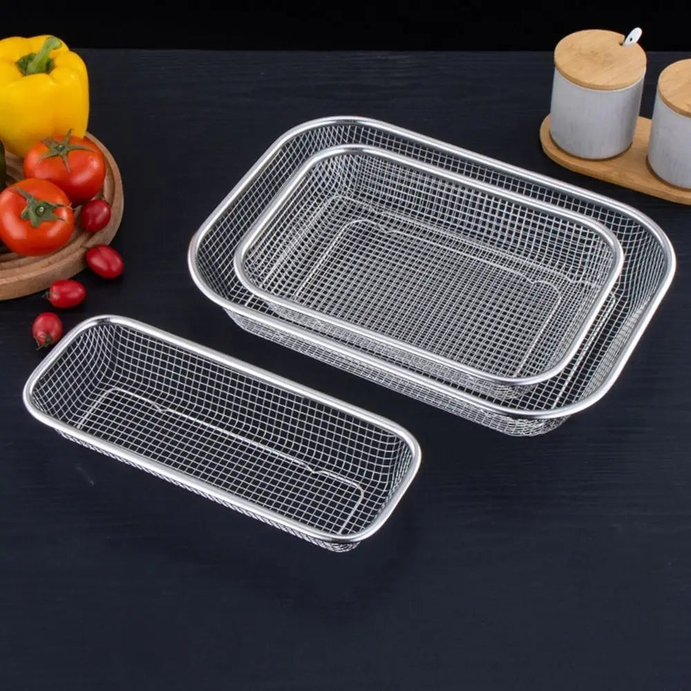 Stainless Steel Square Mesh Drain Basket Drain Basket 3 Size Vegetable Washing Basin Hollow Out Space-saving