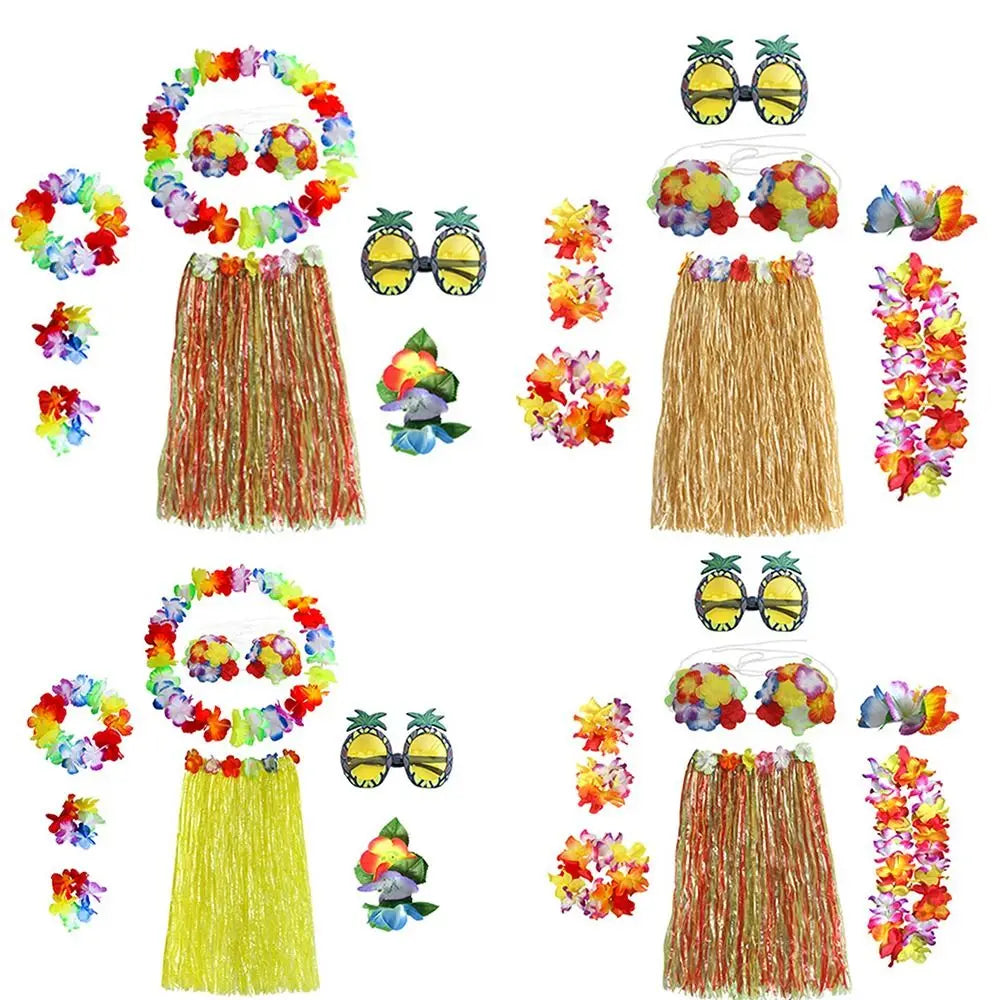 8-Piece Hawaiian Hula Costume Set – Grass Skirt, Flower Lei Necklace, Headband, Anklets & Bracelets for Parties and Dress-Up