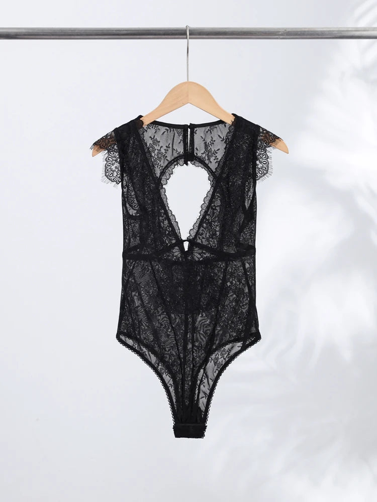 Women's Lace Trim Bodysuit – Sleeveless, Deep V-Neck, Sheer Mesh