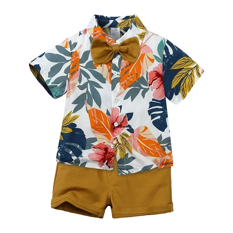 Baby Boys Floral Shirt & Shorts Set with Bowtie, Summer Gentleman Outfit for Infants and Kids