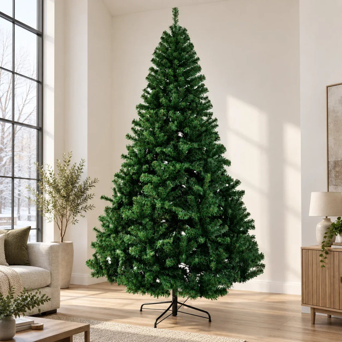Green Artificial Christmas Tree with Metal Stand, 120–300 cm PVC Holiday Tree with Optional Separate Warm White USB Light String