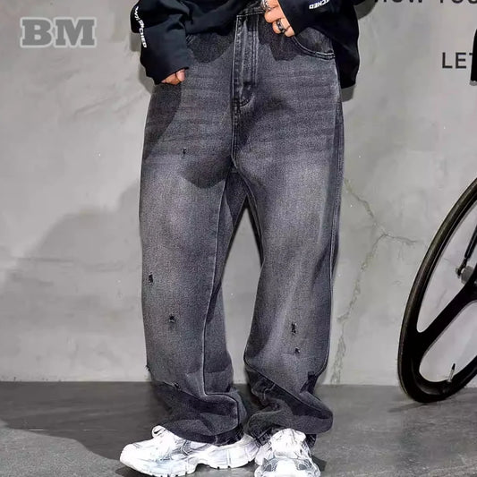 Men’s Vintage Ripped Cargo Jeans – Straight Leg Baggy Distressed Denim Pants, Harajuku Hip Hop Style