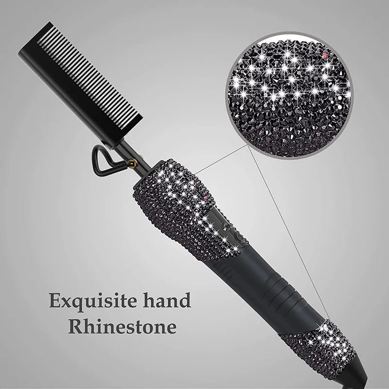 Electric Hot Comb Hair Straightener with Rhinestone Design and LCD Display