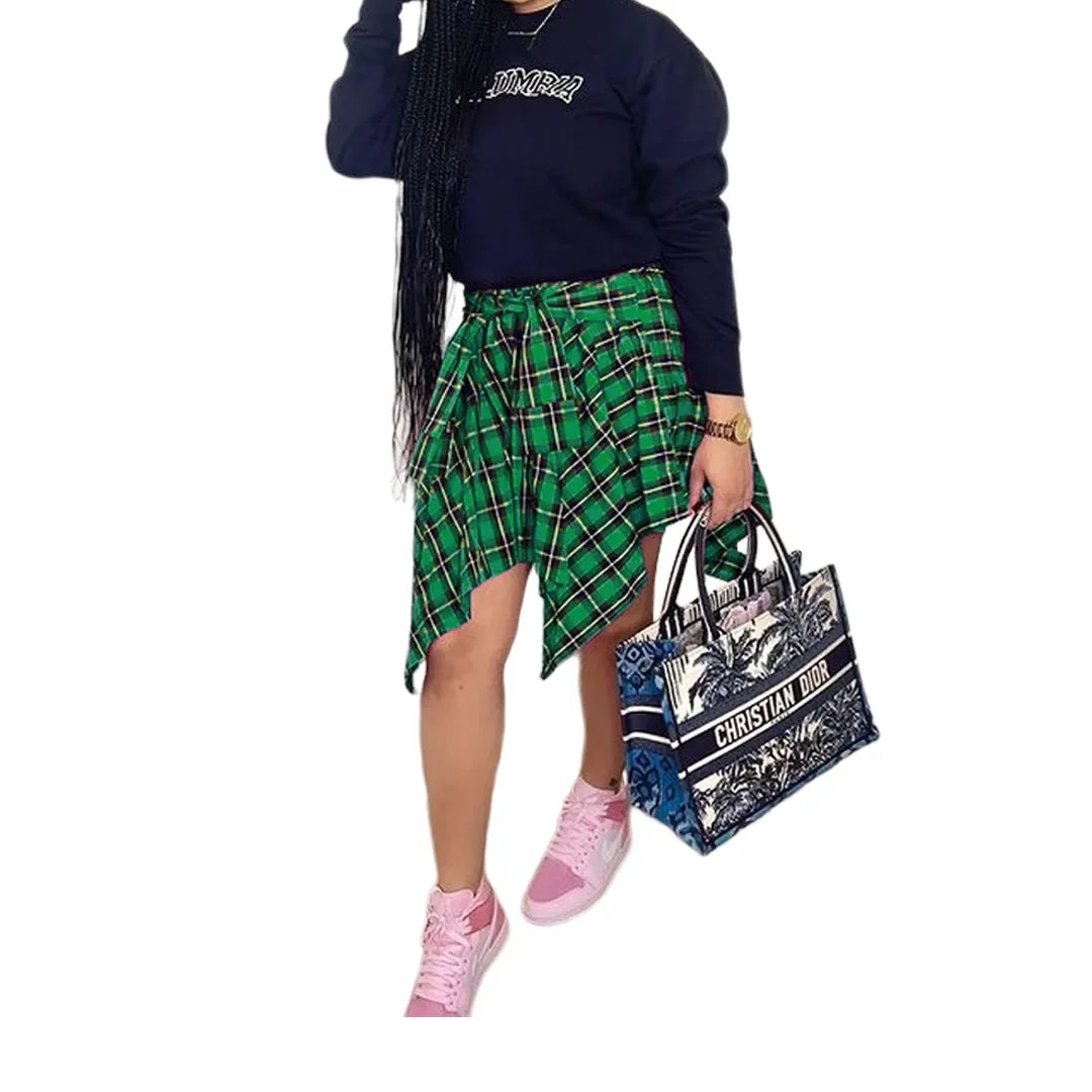 Women Plaid Irregular High Waist Knee-Length Skirt