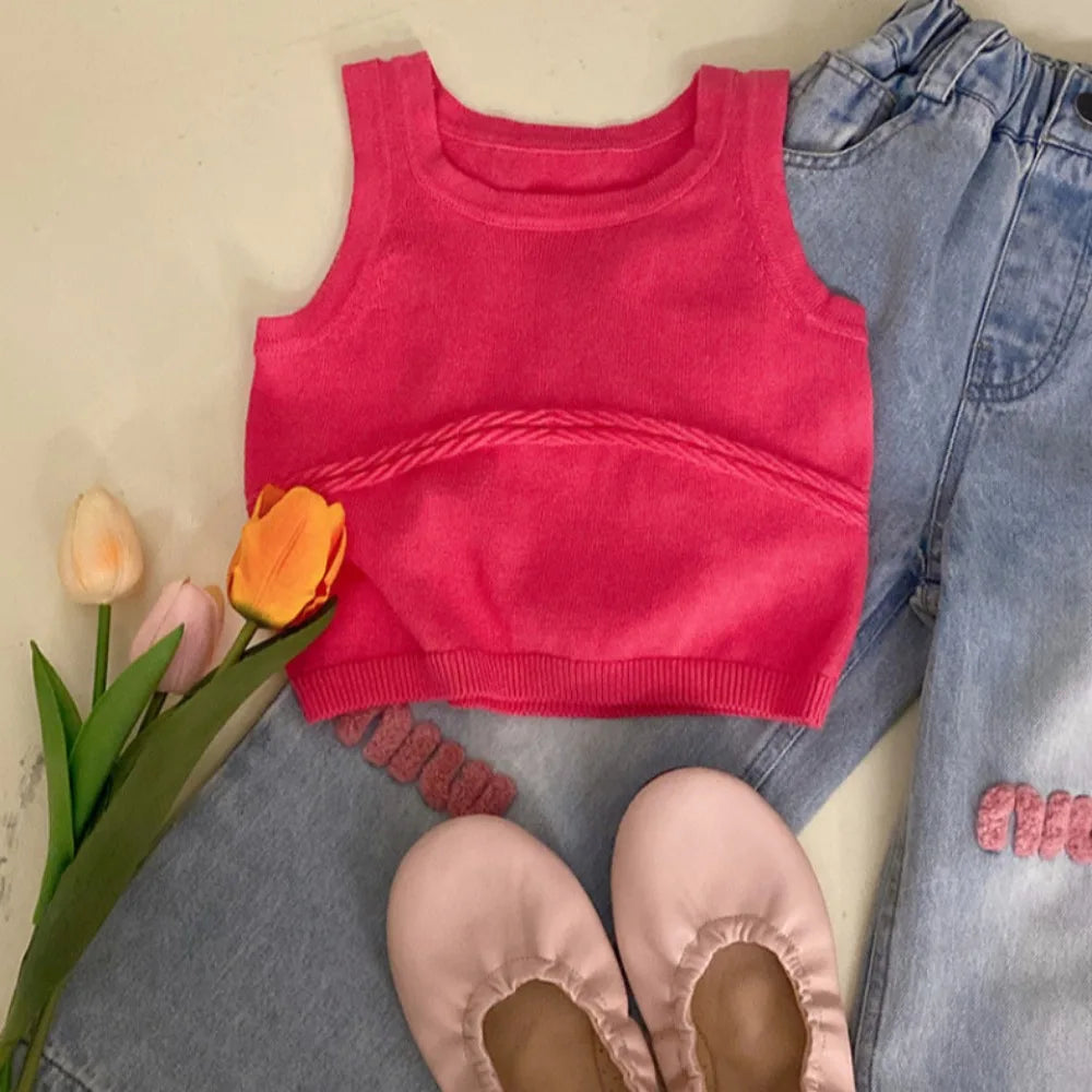 2-piece Bear Leader Fashion New Summer Kids Clothes Pink Sleeveless Vest+Denim Pants Set Korean Version Simple Girls Clothing