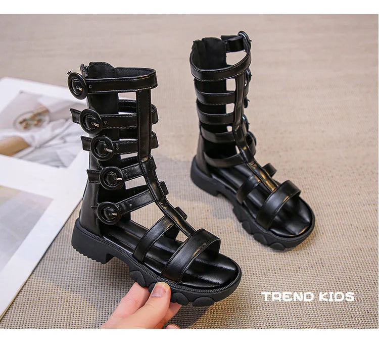 Girls' High-Top Roman Sandals – Soft Sole Summer Shoes for Children | Cut-Out Design, Buckle & Zipper | Princess Beach Sandals