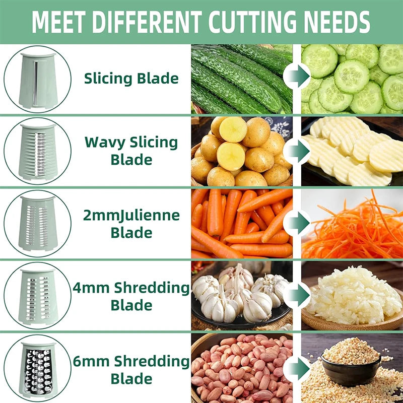 Rotary Cheese Grater with Hand Crank – 5-in-1 Kitchen Shredder & Slicer with Replaceable Stainless Steel Blades for Cheese, Vegetables & More