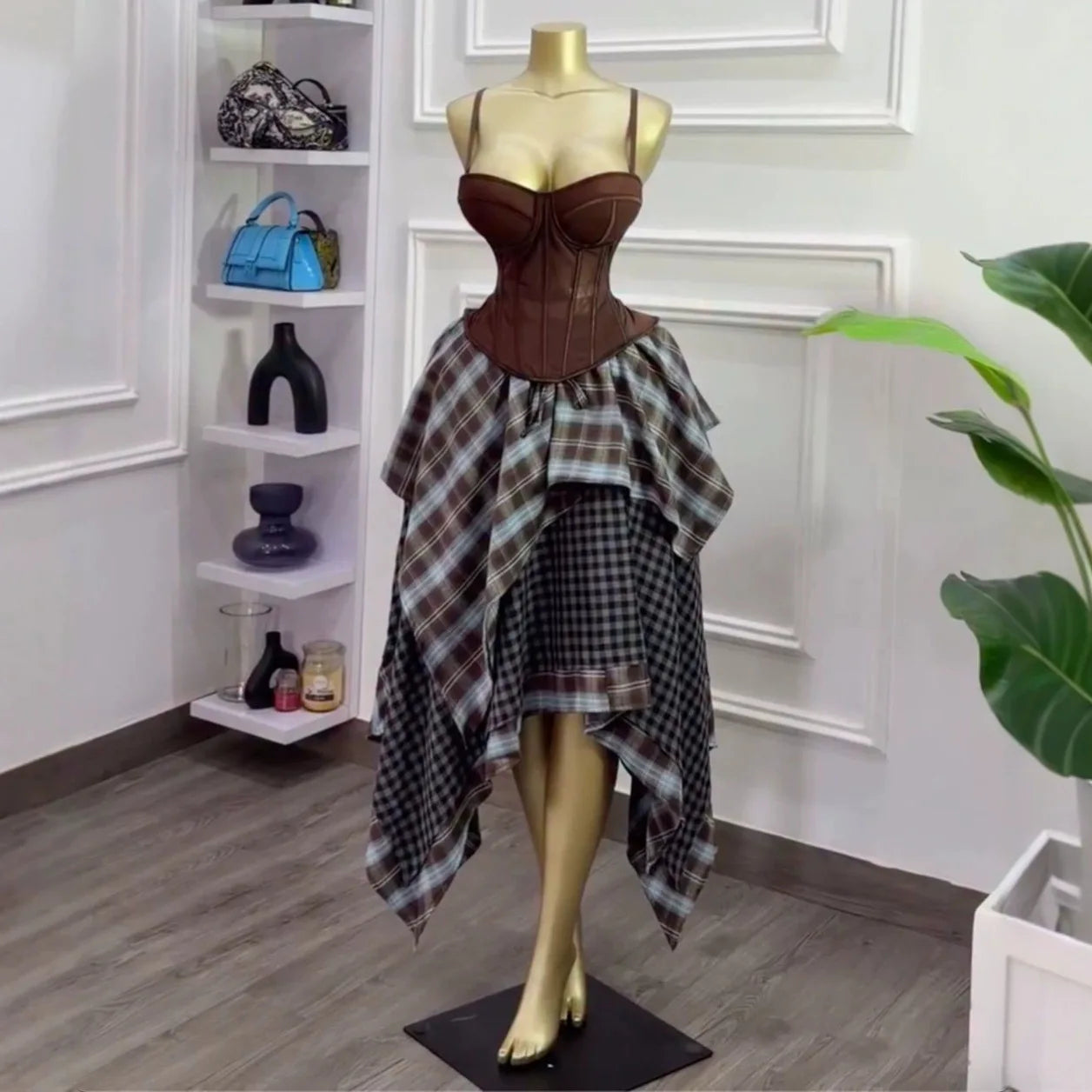 Y2K Retro Brown 2-Piece Mesh Bustier Top and Plaid Skirt Set