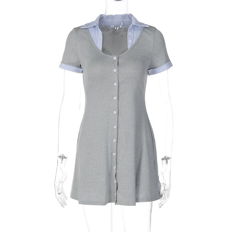 Short Sleeve Mini Dress – Square Neck Patchwork Striped High Waist Slim Fit Dress for Women