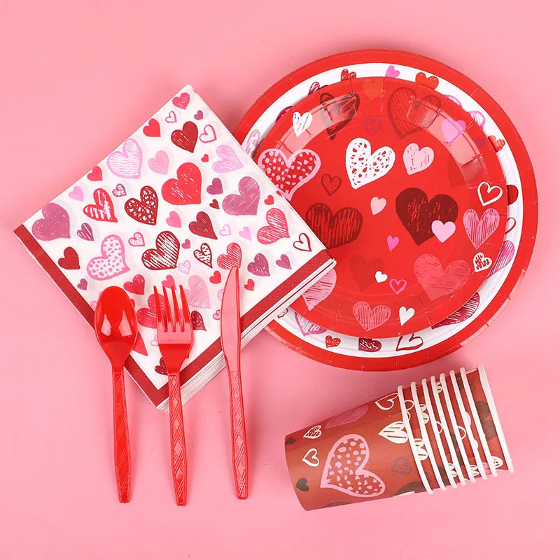 Love Heart Disposable Tableware Set – Paper Plates, Cups, Napkins & Tablecloth for Valentine’s Day, Wedding, Anniversary & Party Decor