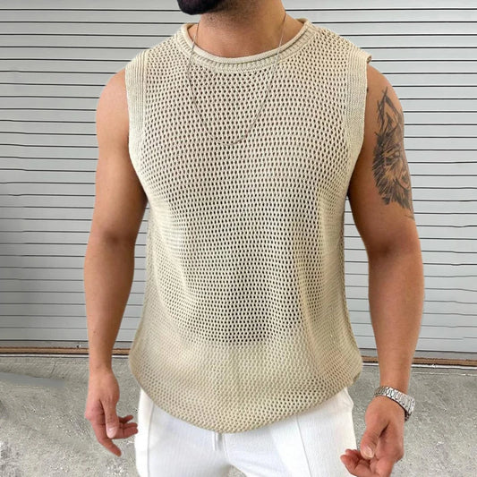 Men’s Summer Leisure Solid Color Hollow Out Mens Knit Camisoles Casual O Neck Sleeveless T Shirt Men Fashion Slim Knitting Tank Tops