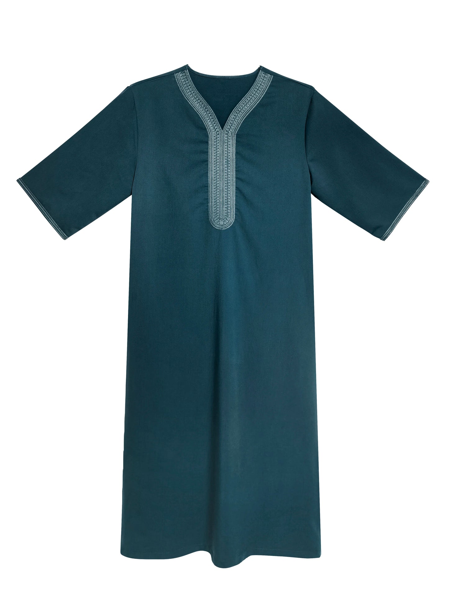 2025 Men's Moroccan Embroidered Green Robe Muslim thobe with Side Pockets, Islamic Clothing, short sleeves Robe Ramadan Eid Jalabiya