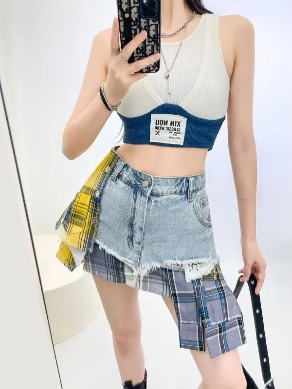Vintage Plaid Denim Splicing Asymmetrical A-Line Mini Skirt