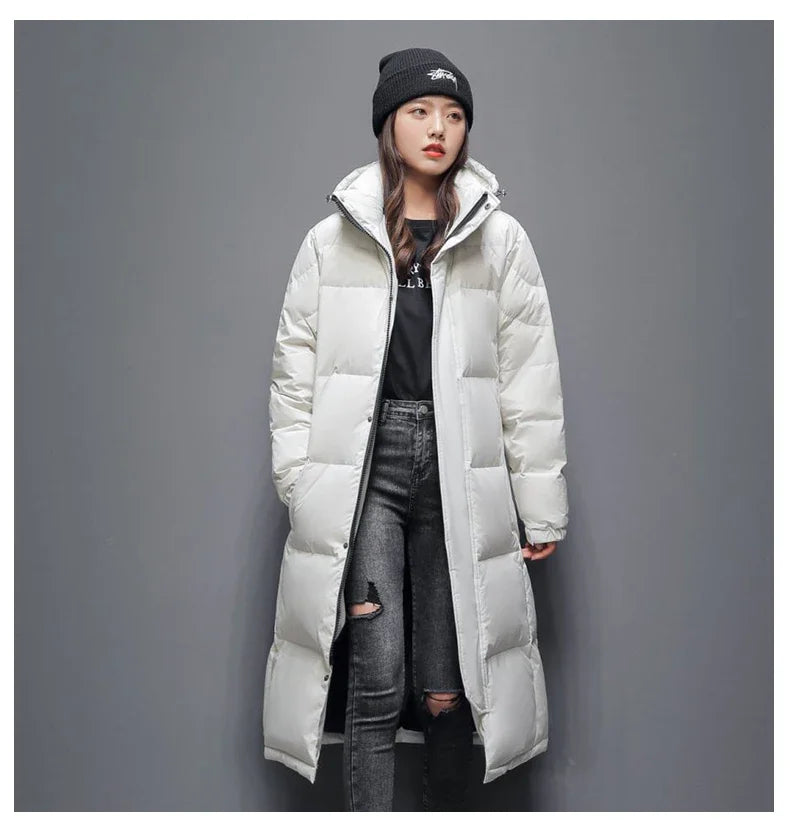 Winter Long White Down Jackets Men Women Hooded Thick Warm Over-the-Knee Puffer Jacket Man Overcoats Couple Padded Down Coat