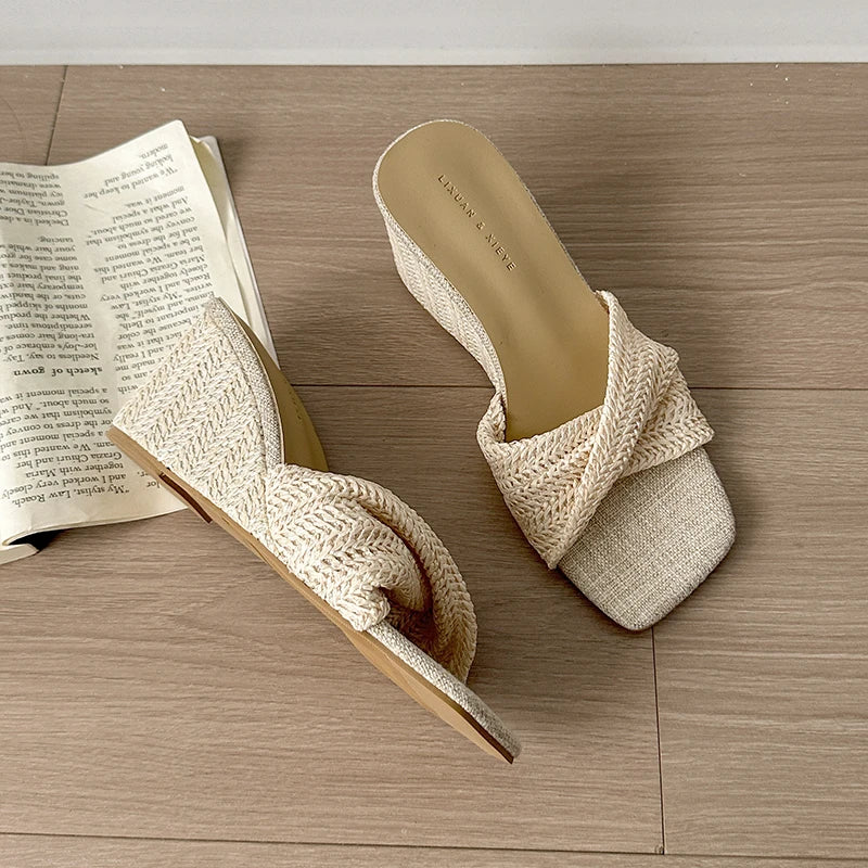 Women’s Designer Weave Wedge Slides – Open Toe Height Increase Summer Sandals, Fashion Outdoor Slip-On Dress Shoes