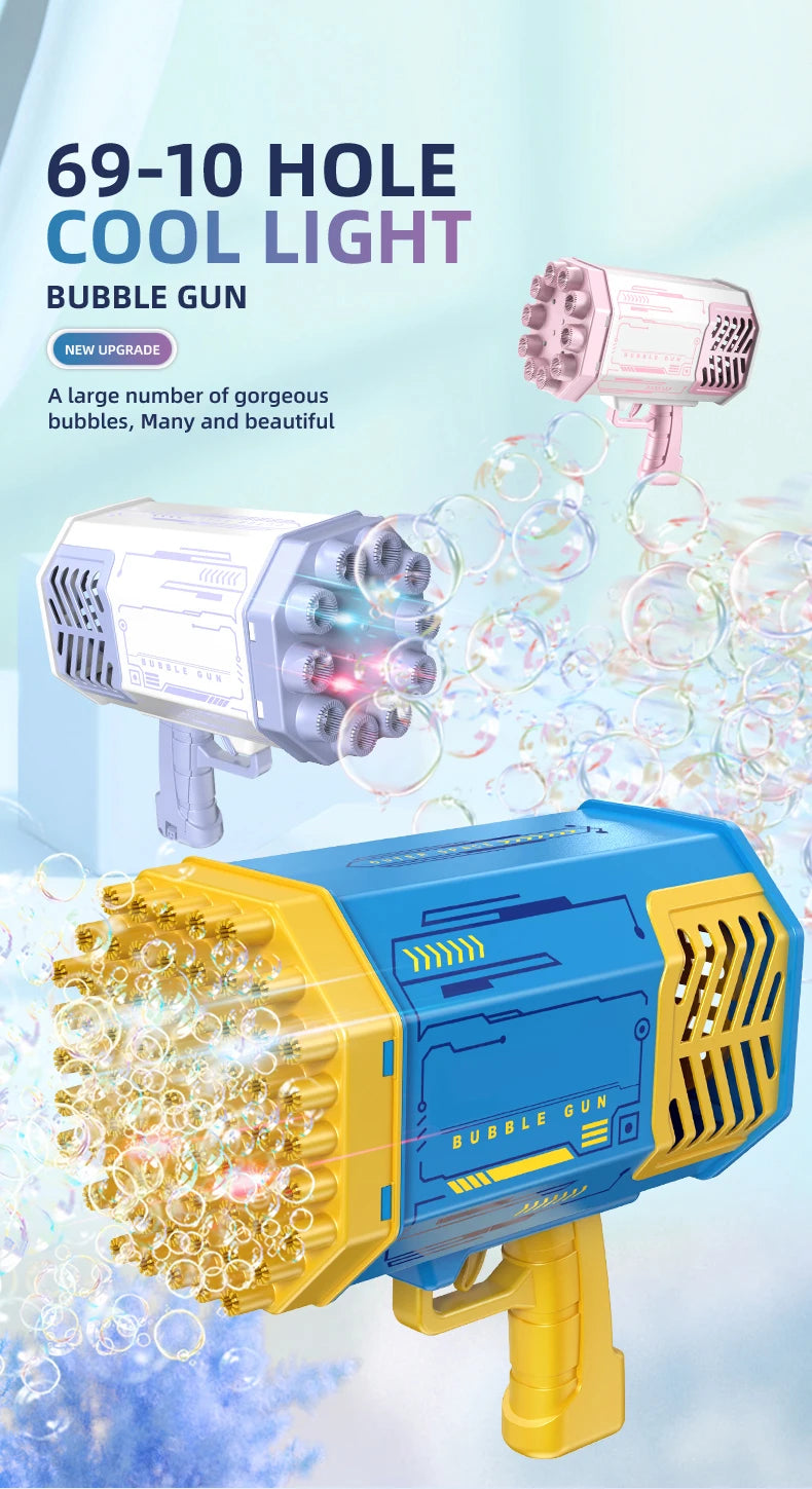Automatic 69-Hole Bubble Gun Machine with Lights – Soap Bubble Blower Toy for Kids