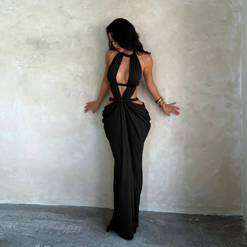 Women's Halter Cut-Out Backless Maxi Dress, Sleeveless Floor-Length
