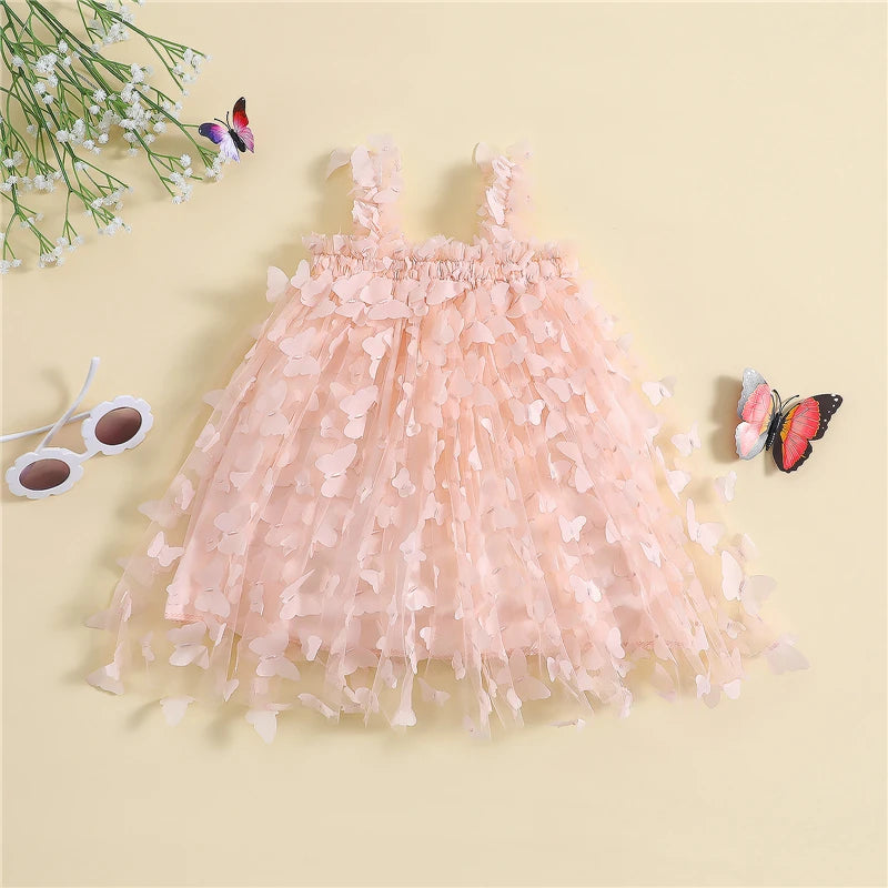 Toddler Kids Baby Girls Dress 3D Butterfly Solid Color Sleeveless Sling Dress Summer Sweet Casual Princess Dress