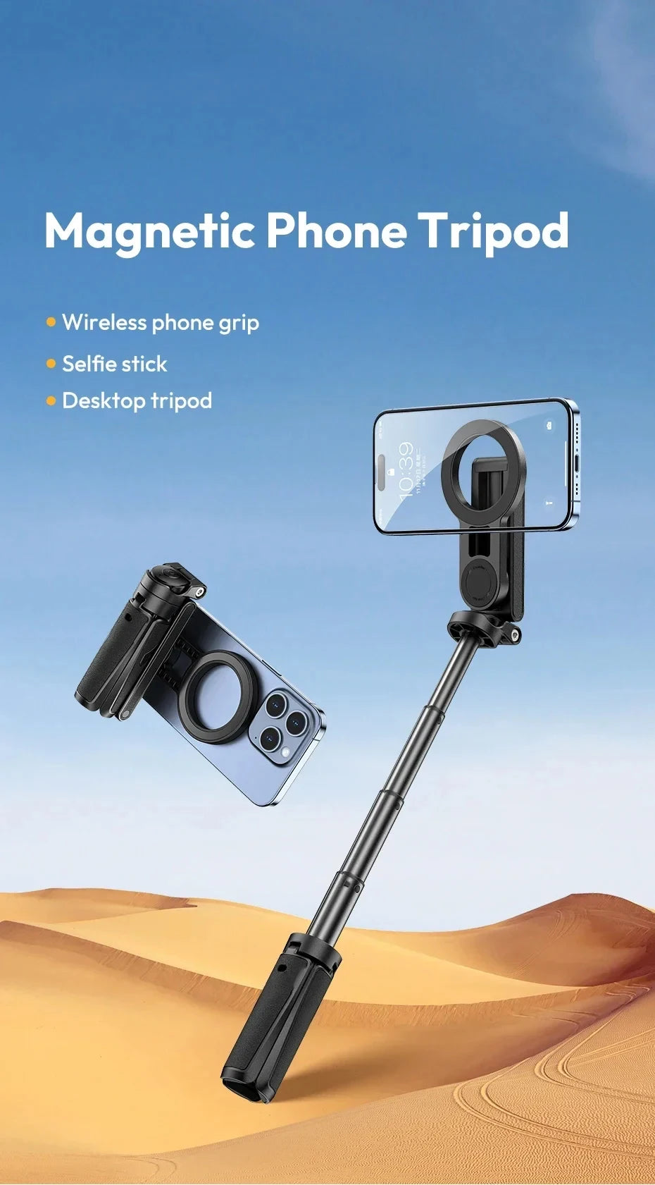 Magnetic Wireless Phone Grip & Selfie Stick Tripod – Compatible with iPhone 16/15/14/13/12 Pro Max & Samsung