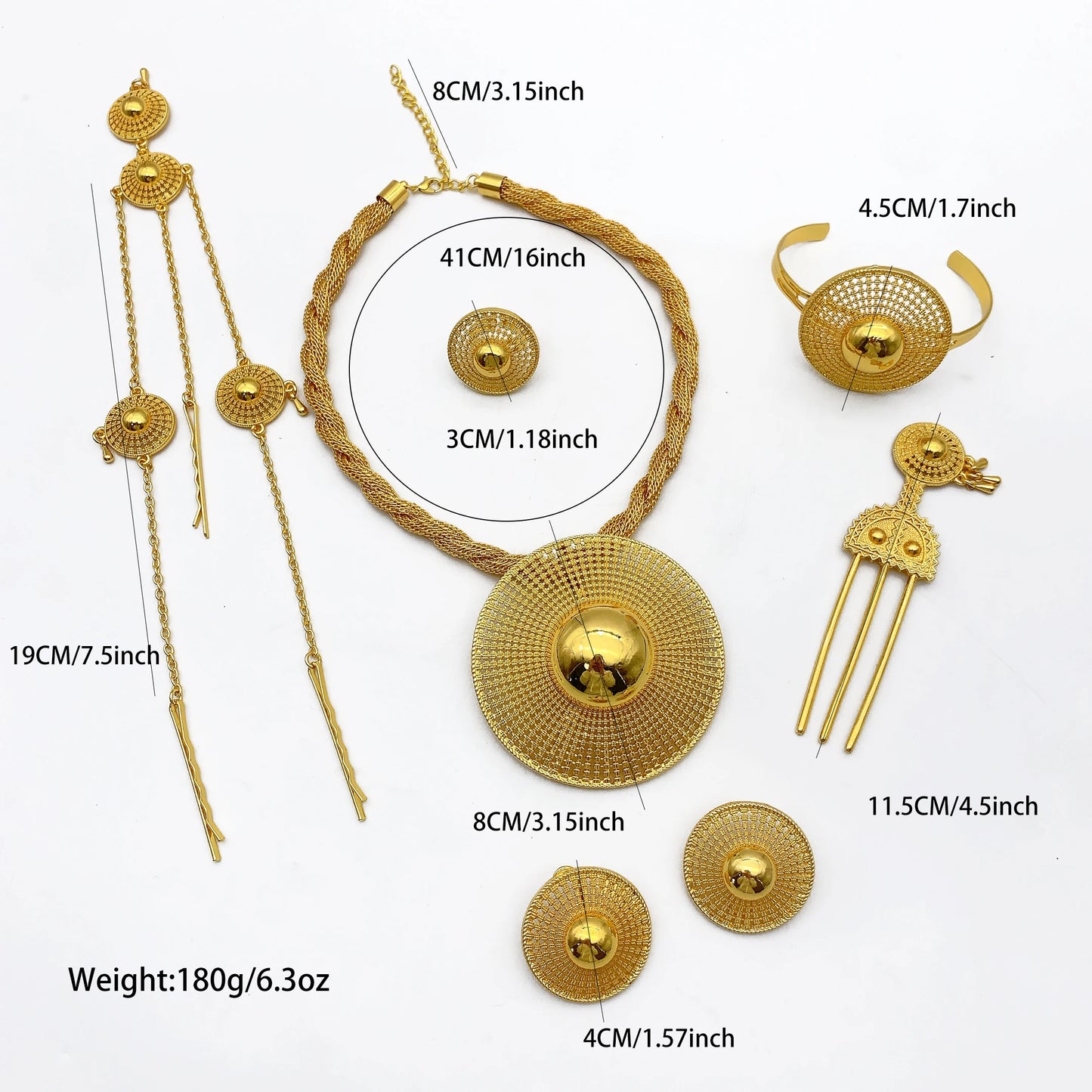African Ethiopian Eritrean Habesha 24K Gold-Plated Flower Pendant 6-Piece Jewelry Set