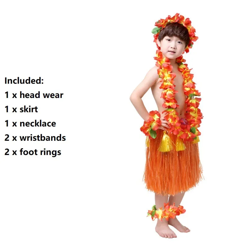 Hawaiian Hula Costume Set for Kids & Teens – Grass Skirt, Top, Flower Lei Necklace, Headband, Anklets & Bracelets (40 cm)