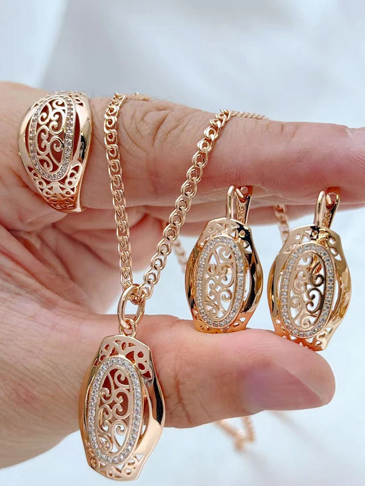 Rose Gold–Tone Jewelry Set with Zircon, Ring Earrings and Necklace Set