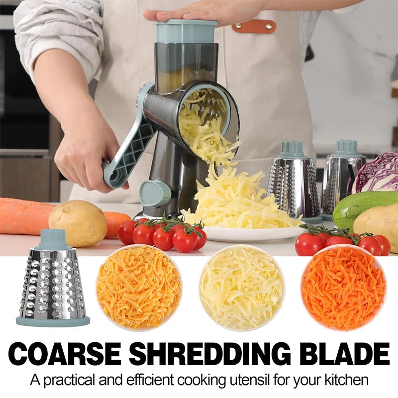 3-in-1 Rotary Cheese Grater – Manual Vegetable Slicer and Nut Grinder with Stainless Steel Blades