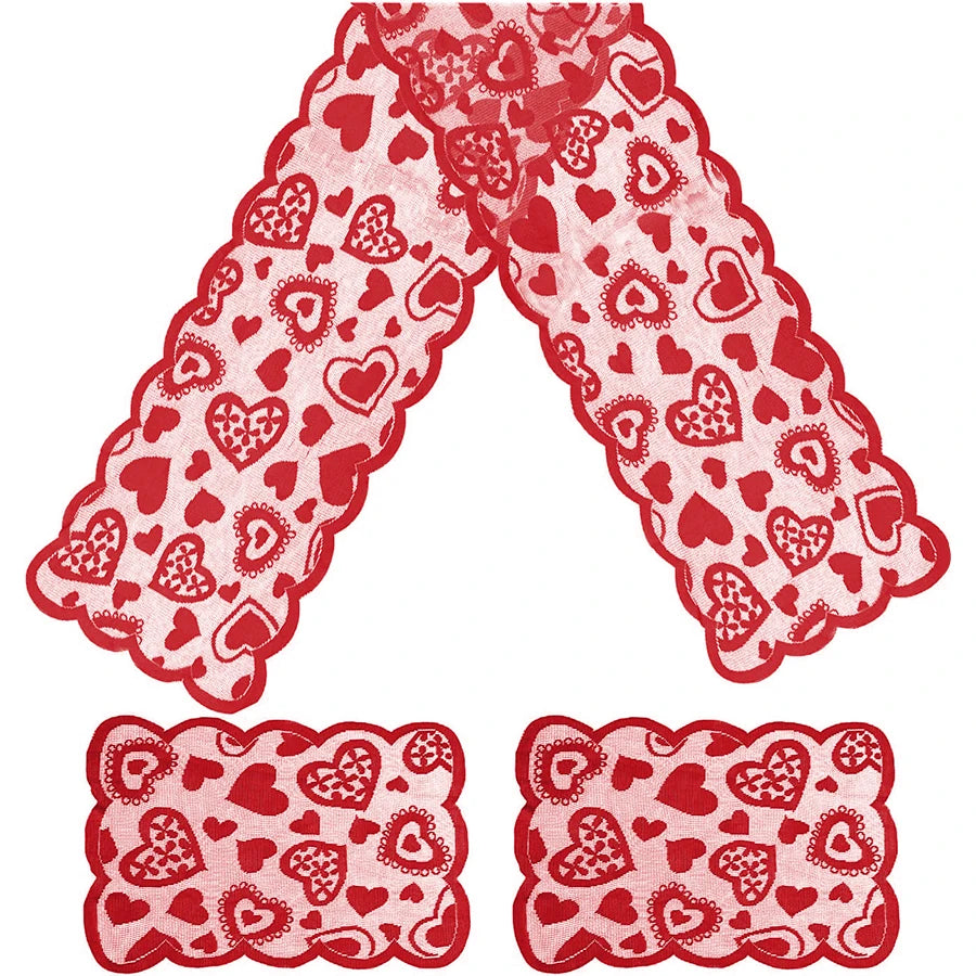 Classic red heart design polyester woven table runner, suitable for Valentine’s Day, family dining, home decoration, and everyday or special occasions.