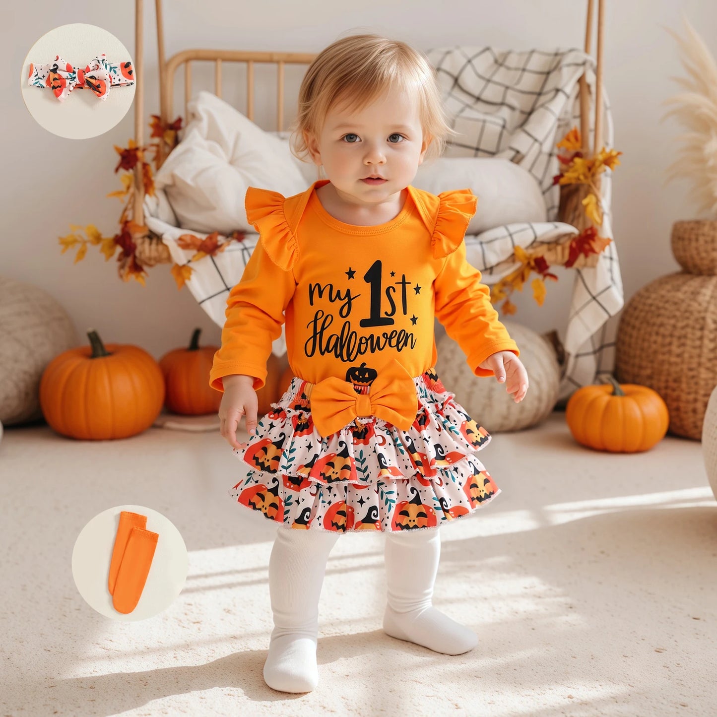 Baby Girls Halloween Outfit – Long Sleeve Romper, Ruffle Shorts, Headband & Socks Set
