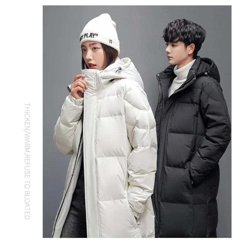 Winter Long White Down Jackets Men Women Hooded Thick Warm Over-the-Knee Puffer Jacket Man Overcoats Couple Padded Down Coat