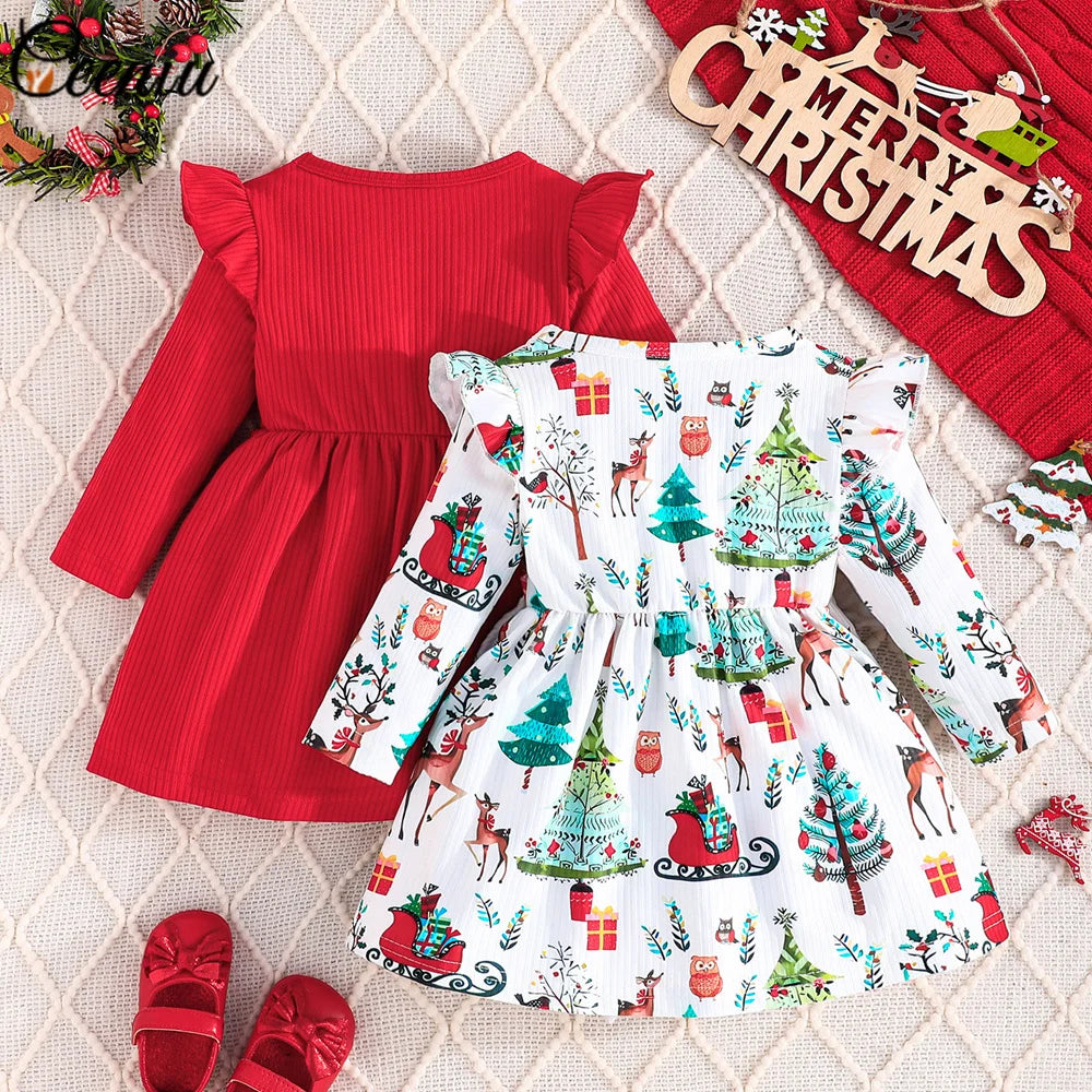 Baby Girl New Year Dress – Green Christmas Tree Print Outfit, “My First New Year” Costume for Newborns & Toddlers