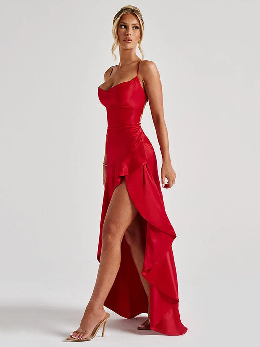 Elegant Spaghetti Strap Satin Split Maxi Dress for Women – Sexy Backless Bodycon Party & Evening Dress, Perfect for Summer Holidays & Beachwear