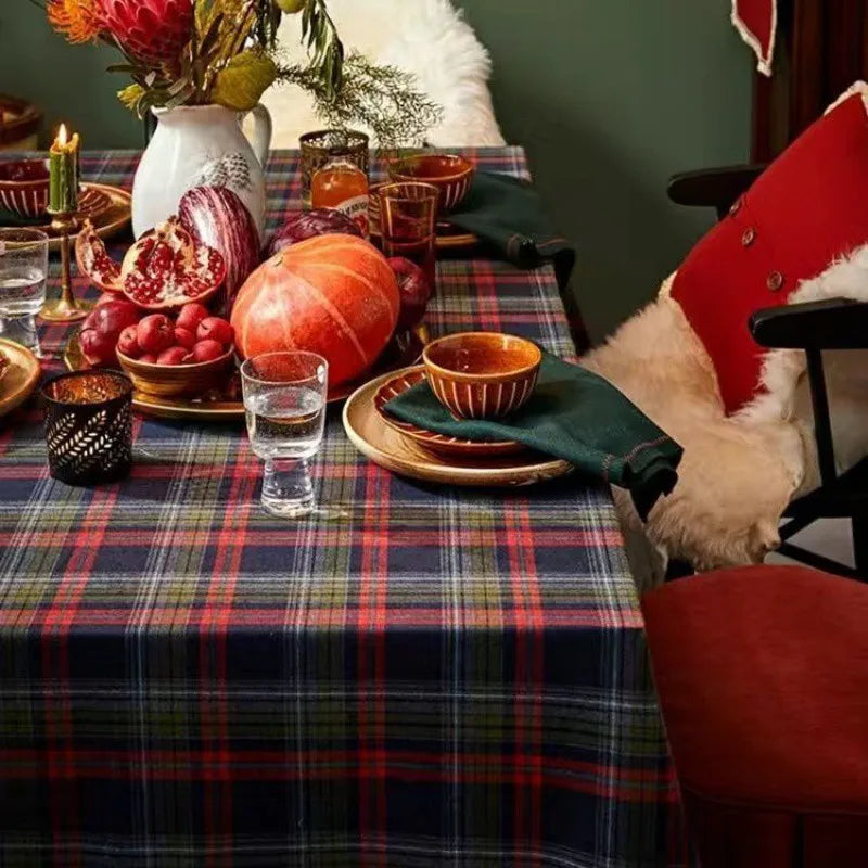 Holiday Plaid Tablecloth with Ruffle Trim – Christmas Dining & Party Table Cover