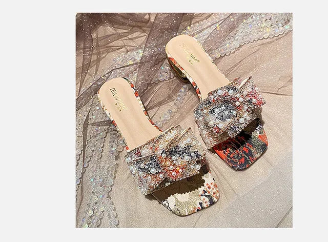 Women’s Slippers 2025 – Luxury Pearl Rhinestone Chunky Heel Sandals, Summer Butterfly-Knot Slip-On Shoes
