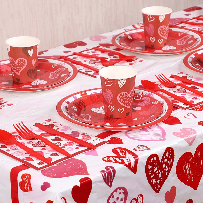 Love Heart Disposable Tableware Set – Paper Plates, Cups, Napkins & Tablecloth for Valentine’s Day, Wedding, Anniversary & Party Decor