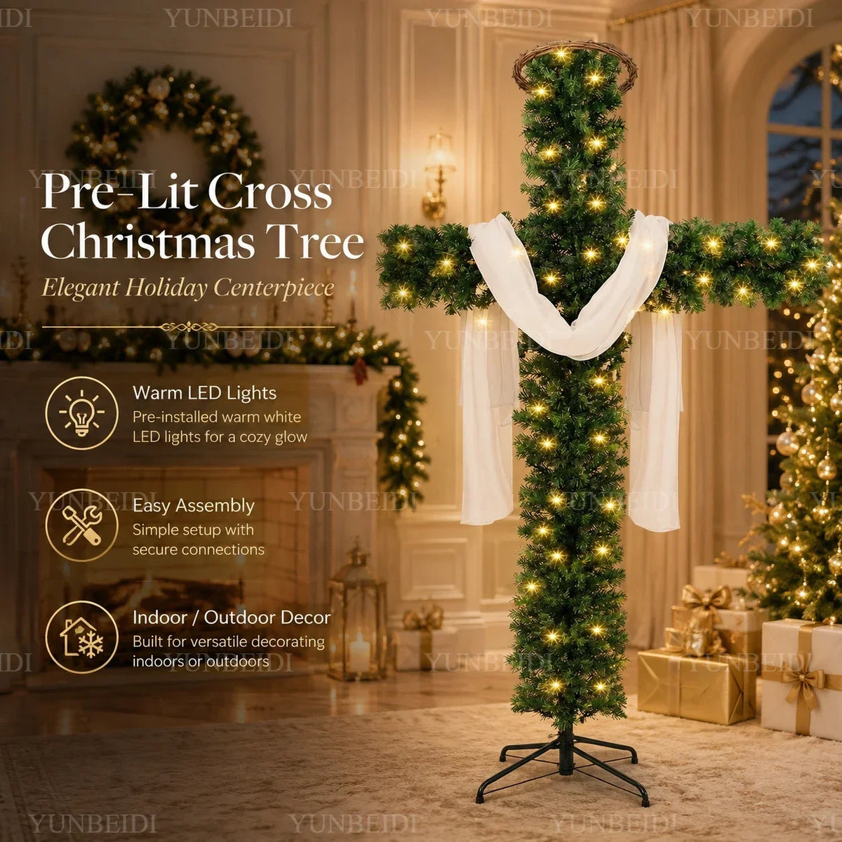 Cross-Shaped Artificial Christmas Tree with Metal Stand, 150 or 180 cm Green PVC Religious Holiday Decoration with Optional USB Lights