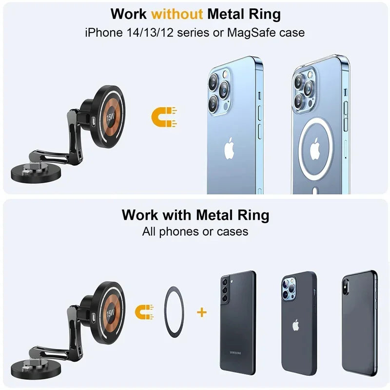 15W Magnetic Wireless Car Charger Mount – Strong MagSafe Phone Holder with 360° Rotation & Fast Charging for iPhone 15/14/13/12