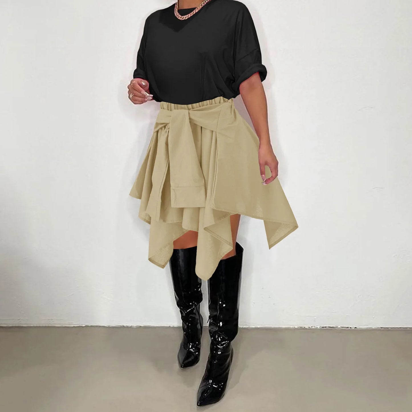 Women Plaid Irregular High Waist Knee-Length Skirt